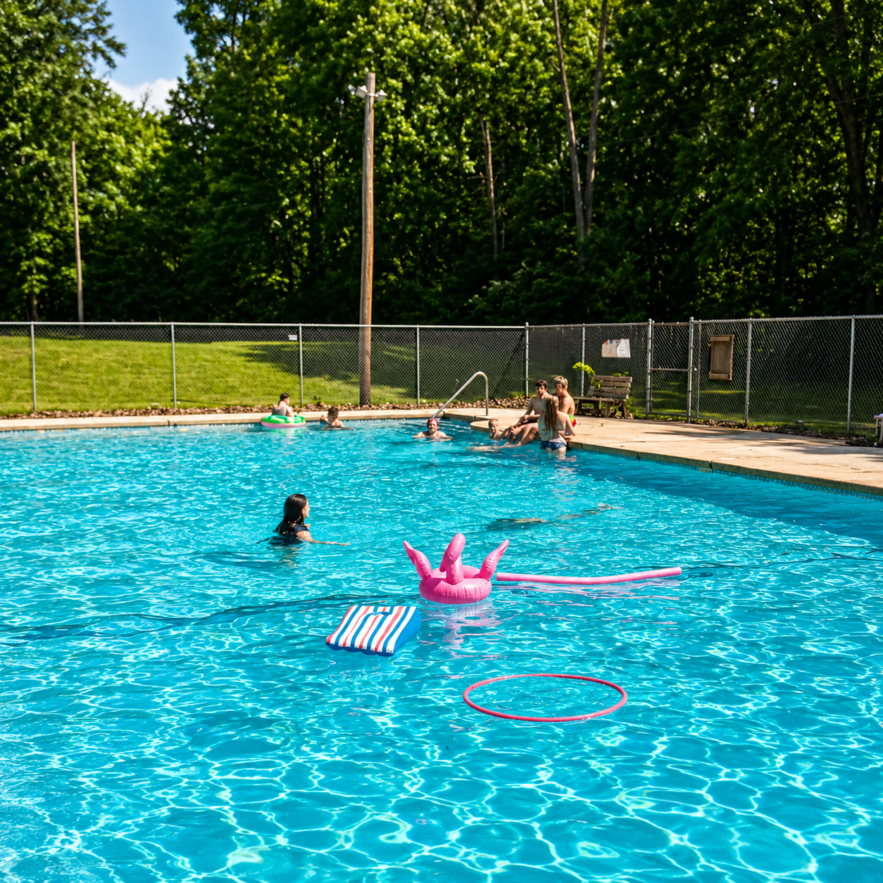 People swimming and relaxing in a swimming pool on a sunny day, with a chain-link fence, green trees, and a grassy area in the background.