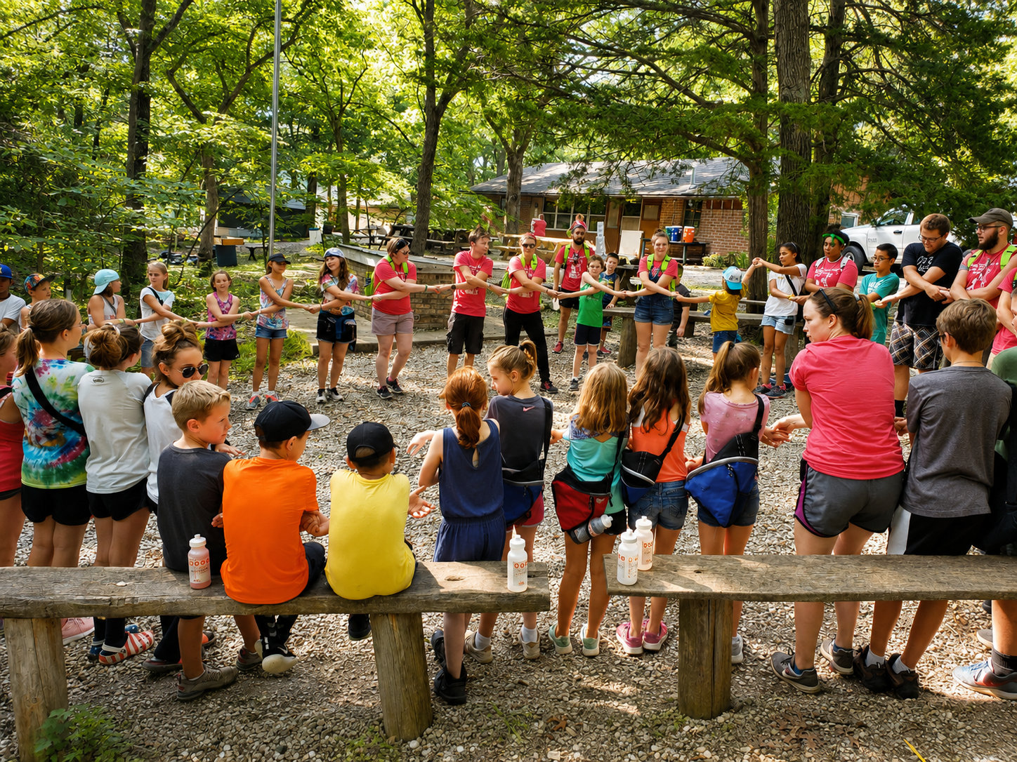 Children and adults participating in a tug-of-war game outdoors, surrounded by trees and a shaded area. Some children are sitting on a wooden bench, while others are standing in a circle.