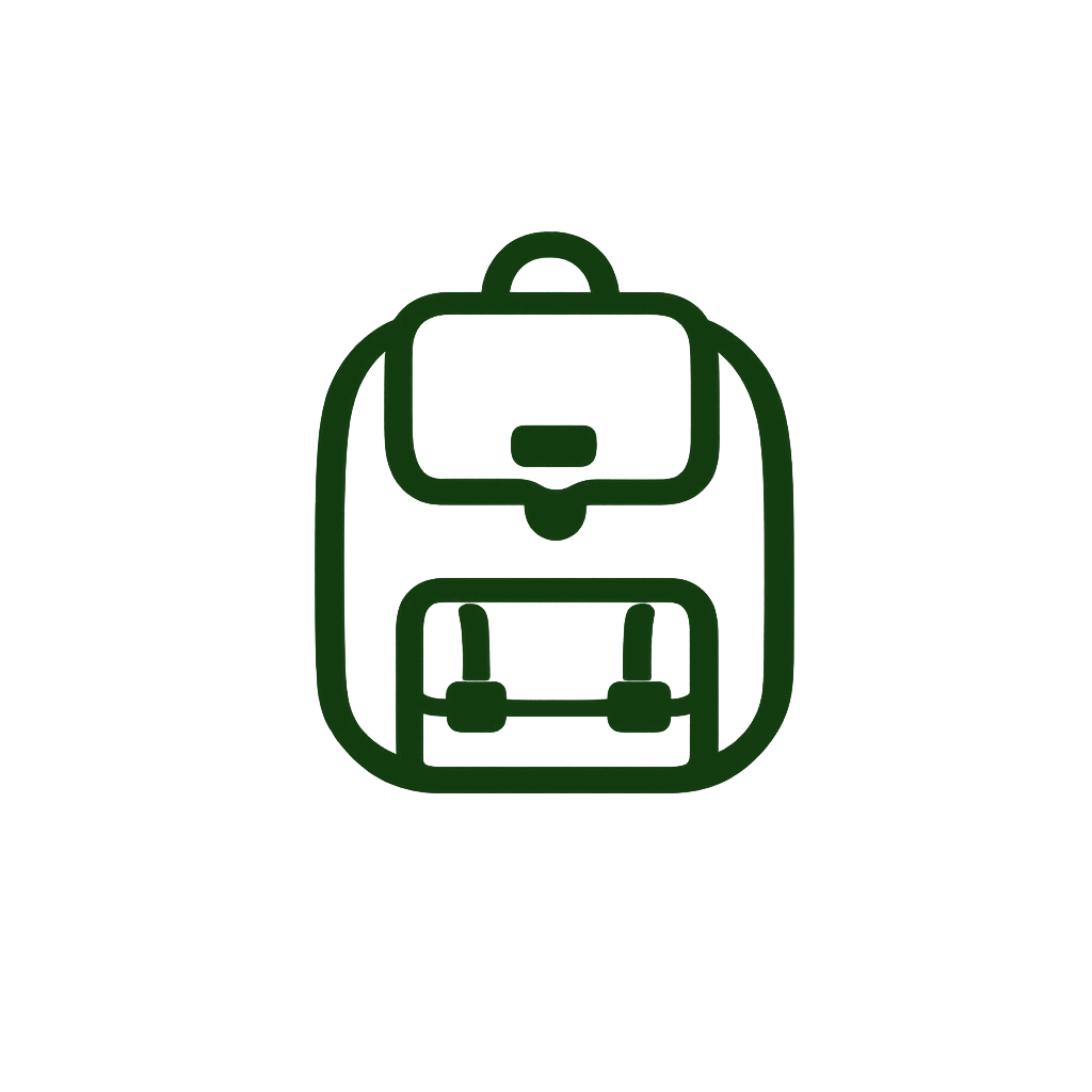 Outline icon of a backpack with multiple compartments.