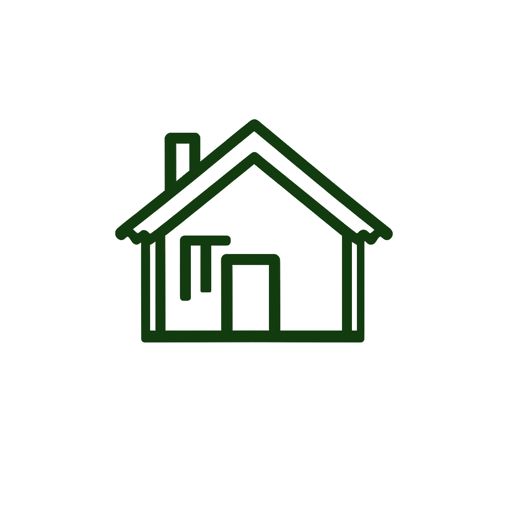 Outline of a house in green with a chimney, door, and window, on a black background.