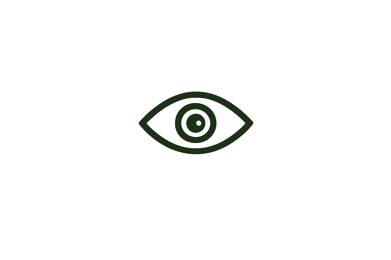 Centered dark green eye icon with a concentric circle design on a black background.