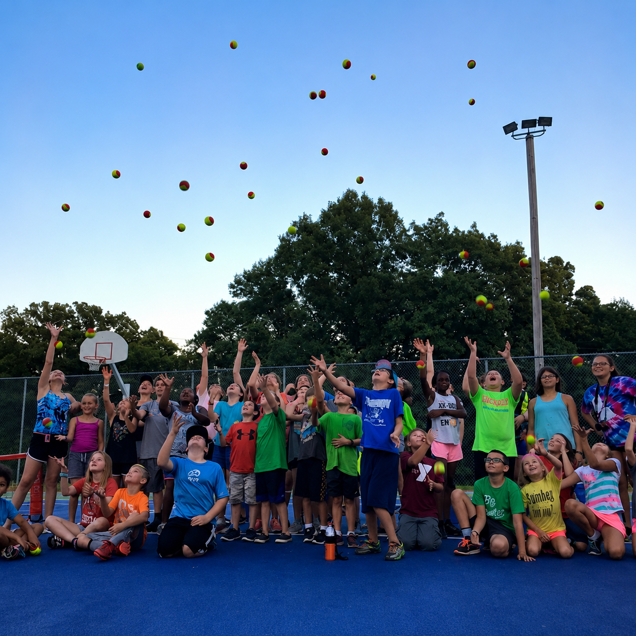 A group of children at a sports field throwing colorful balls into the air during daytime, with trees and a basketball hoop in the background.