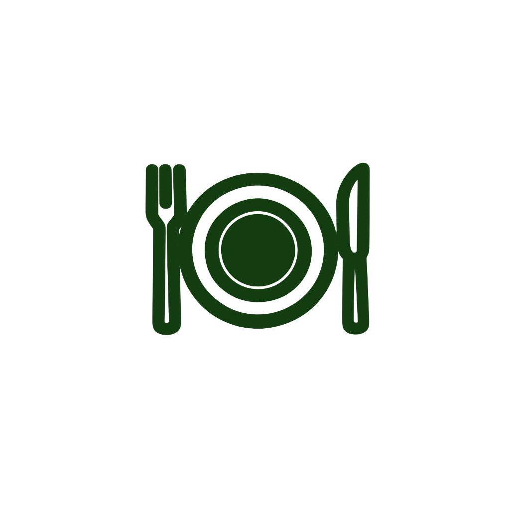 Graphic icon of a fork and knife on each side of a plate.