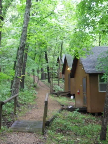 Brown wooden cabins along a wooded trail with a small wooden footbridge and green leafy trees.