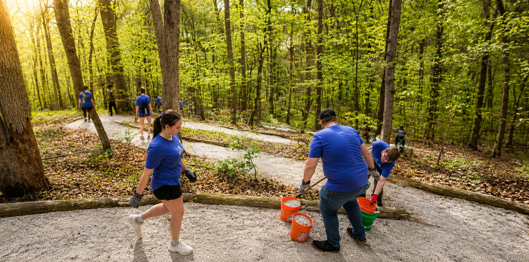 People working together to clear a trail in a green forest, using buckets and tools, during daylight.