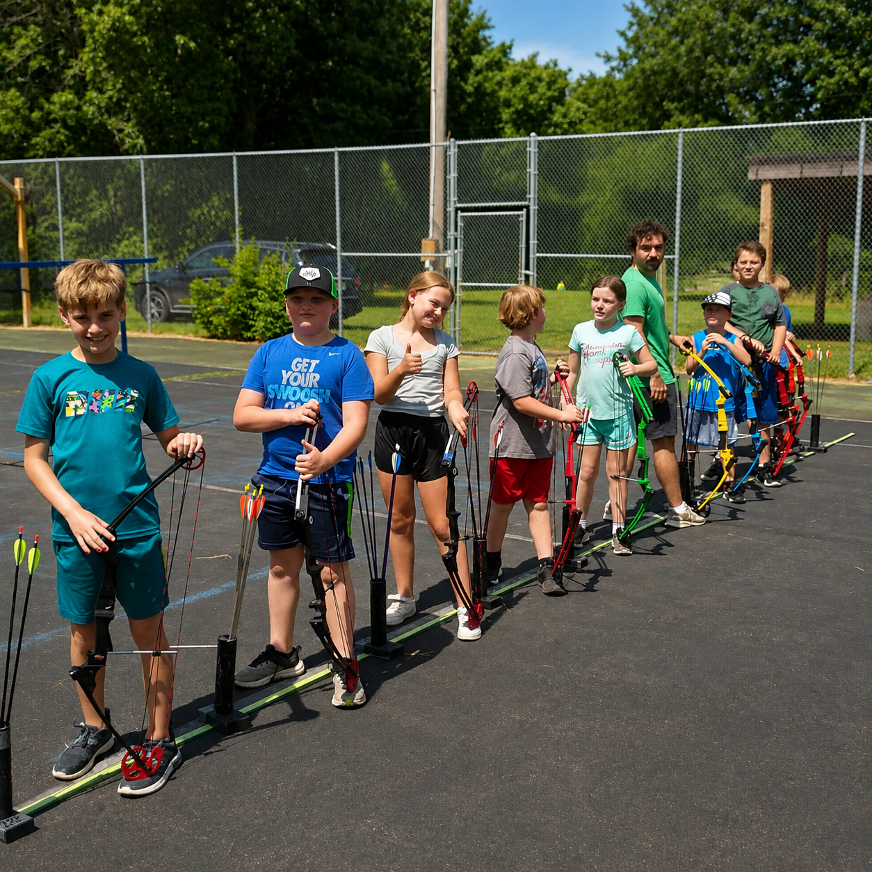 Children and their instructor preparing for an archery lesson outdoors on a paved area with a chain-link fence and trees in the background.