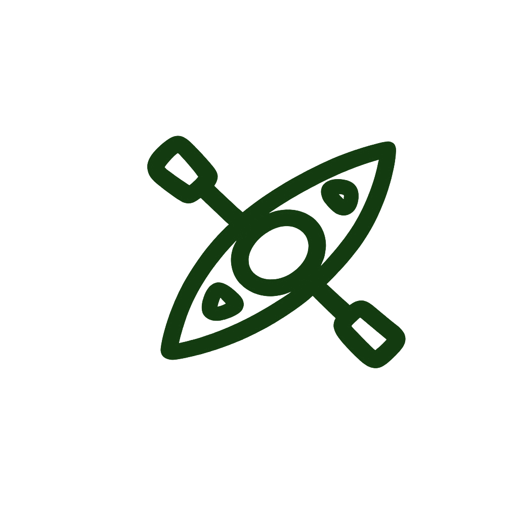 A simple line drawing of a kayak in green with paddles crossing over it, set against a black background.