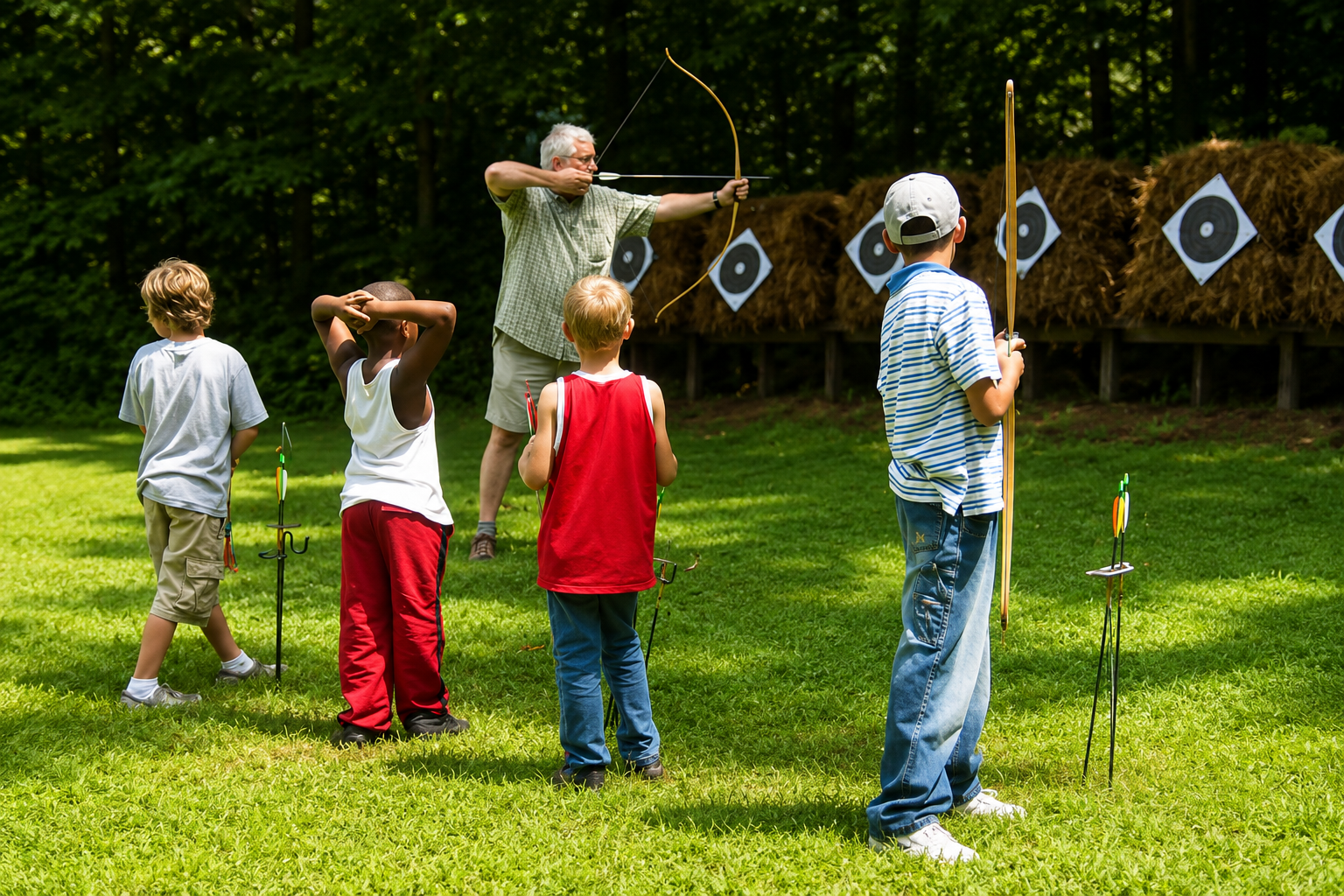 A man teaching children archery outdoors with targets set up against hay bales in a forested area.