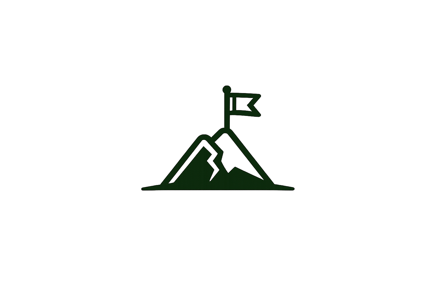A simple green line drawing of a mountain range with a flag on top.