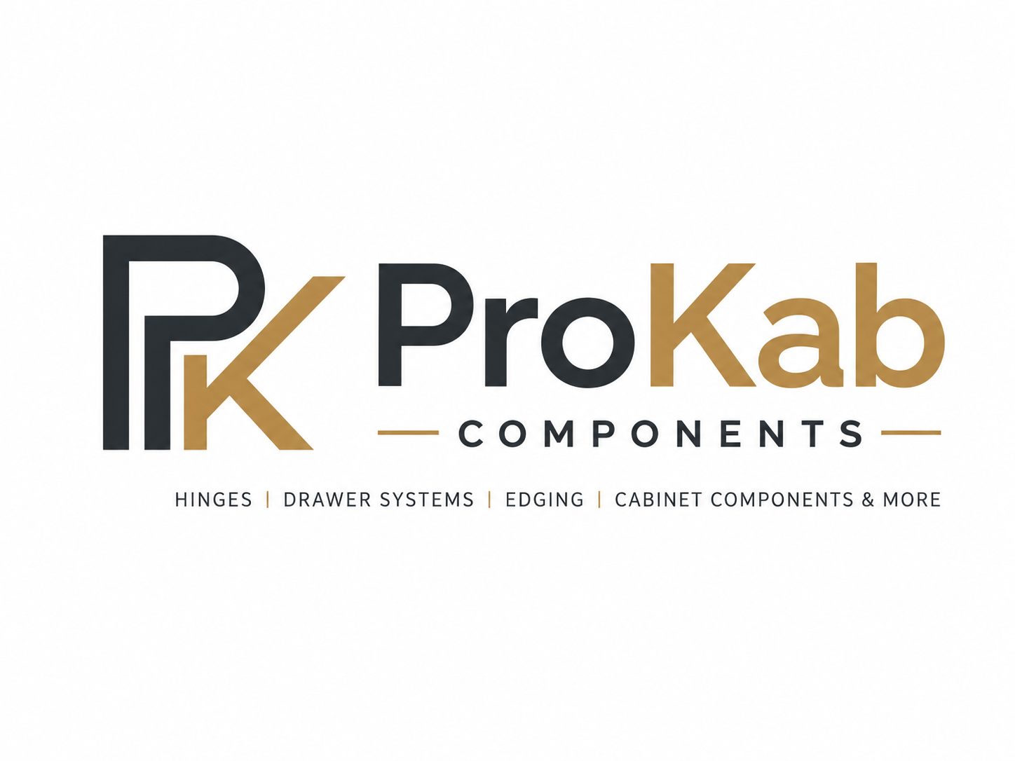 Logo for ProKab Components featuring a stylized 'PK' with black and tan coloring, and text indicating it sells hinges, drawer systems, edging, and cabinet components.