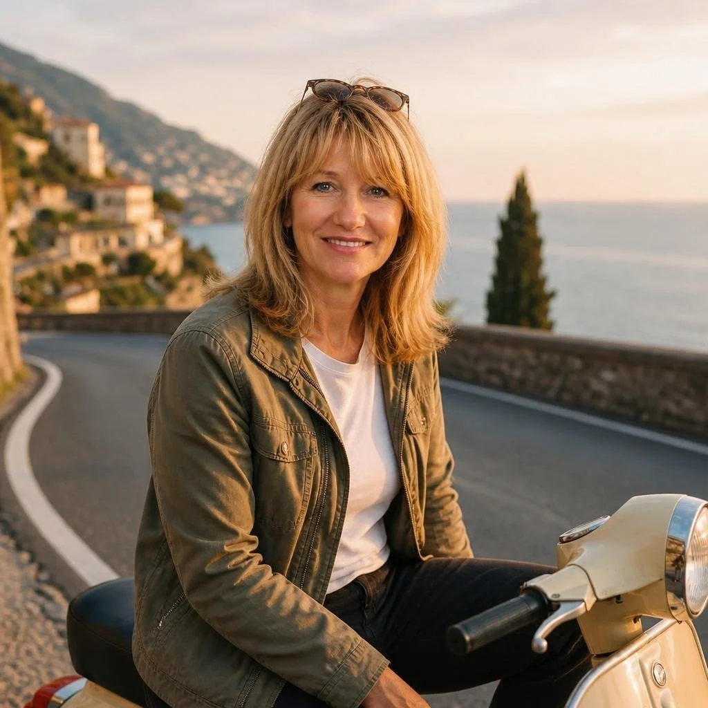 A woman with blonde hair, wearing a brown jacket and white shirt, sits on a cream scooter on a winding coastal road during sunset, with houses on a hillside and the ocean in the background.