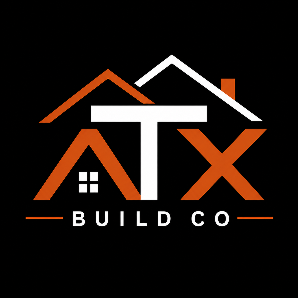 Logo with stylized house roofs in orange and white, and a white T shape in the center, above the text 'BUILD CO' on a black background.