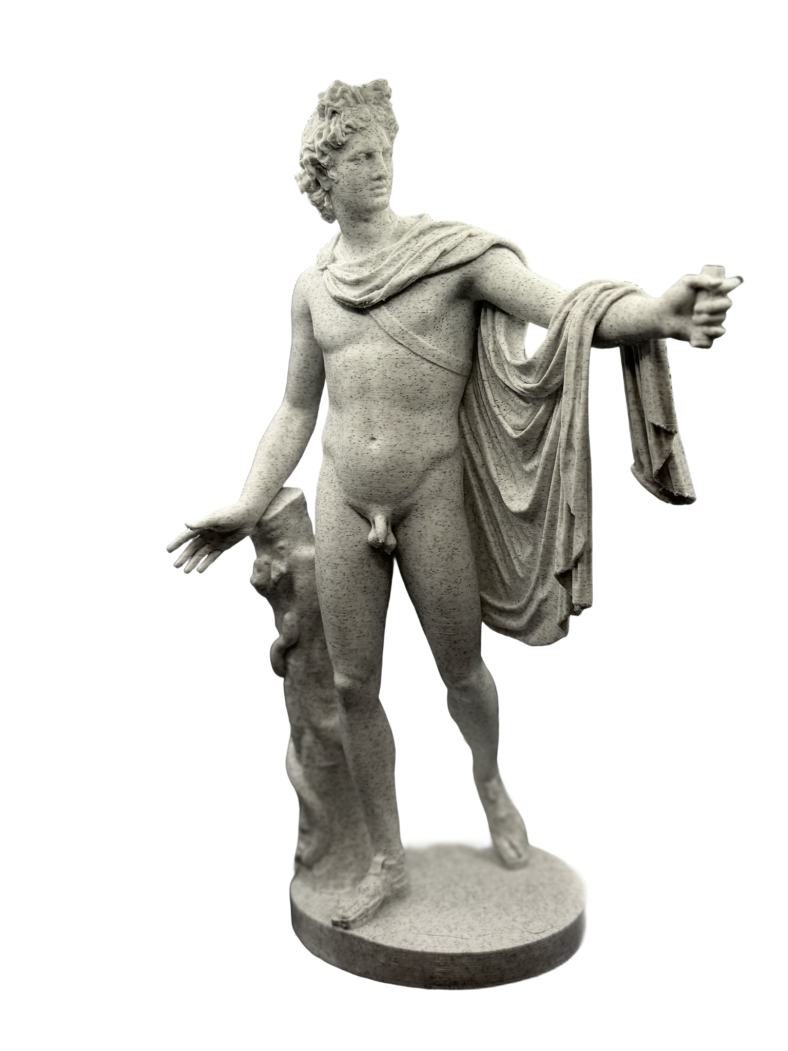 A white marble statue of a standing man with a draped garment over his shoulder, holding an object in his right hand, and standing on a circular base.