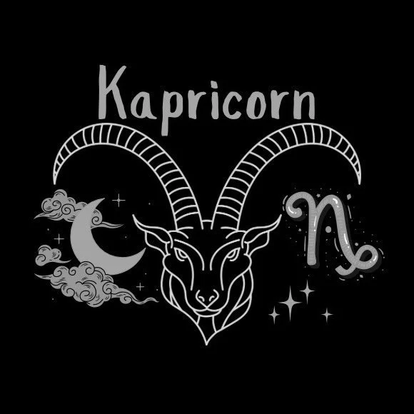 Illustration of the Capricorn zodiac sign with a goat's head and horns, moon, clouds, and stars, with the word "Capricorn" at the top.