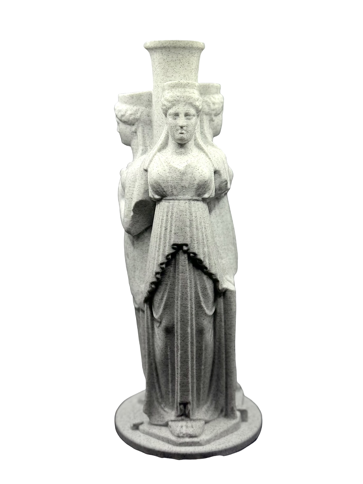 A marble statue of a woman holding a sword, with two heads of women behind her, on a round base.