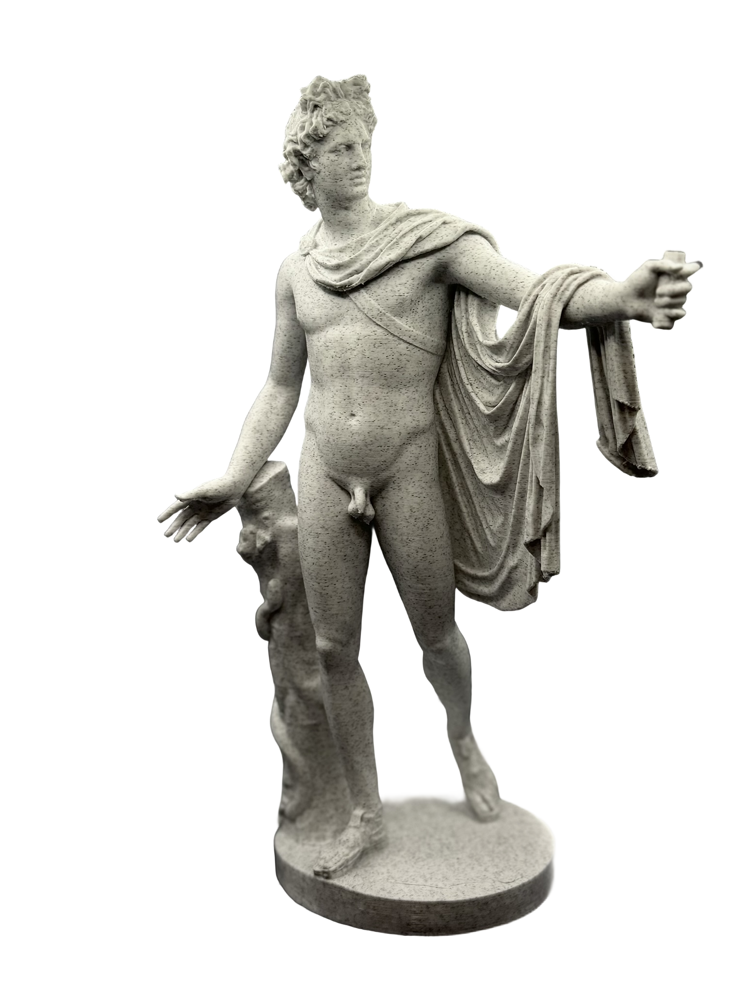 A marble statue of a young man with curly hair, draped in a toga, holding an object in his outstretched right hand, standing on a round base.
