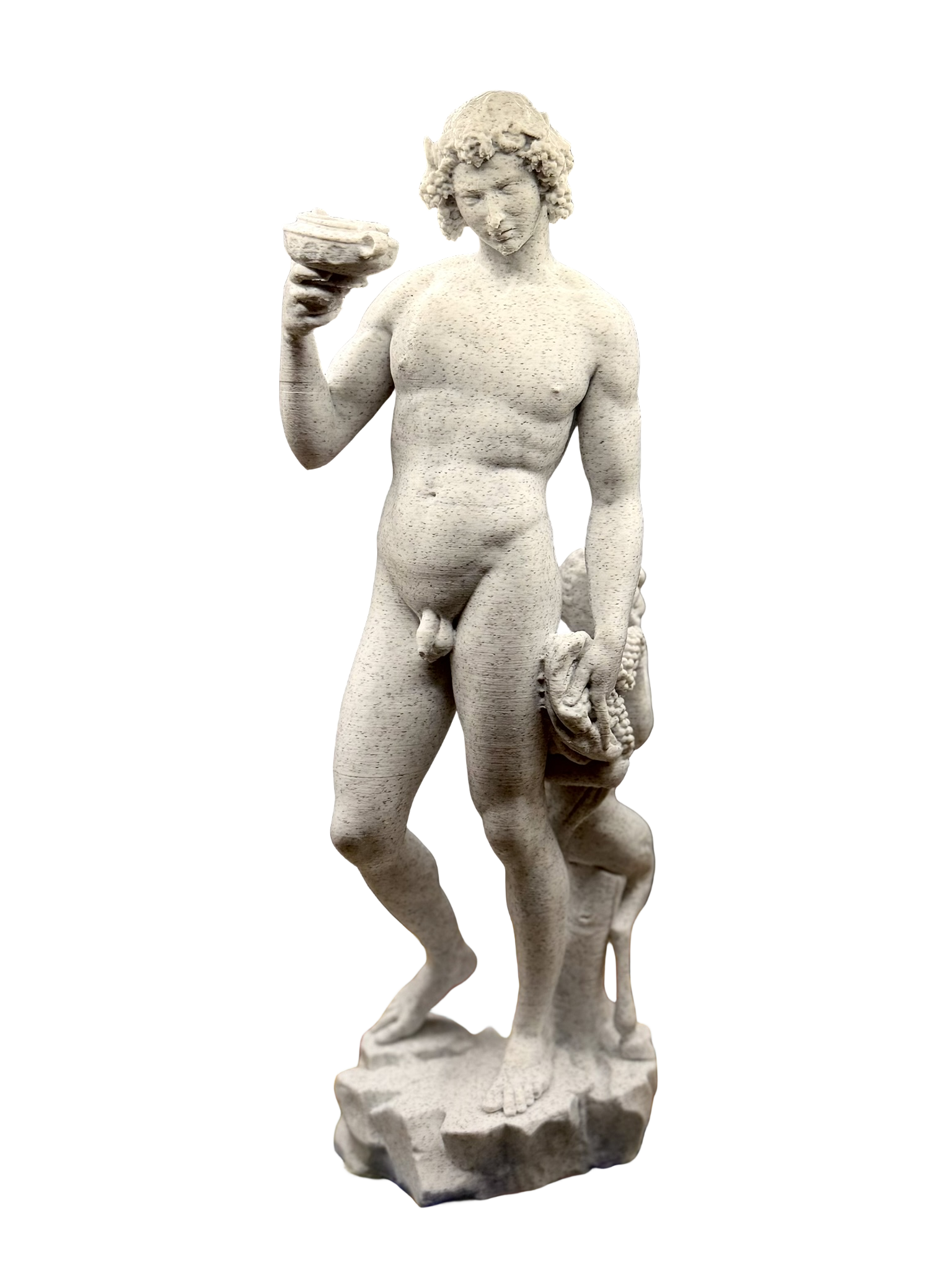 A marble sculpture of a male figure with curly hair, holding a large bowl or dish in his left hand, and depicted standing on a rough base. The figure is nude and has a somewhat contemplative or serious expression.