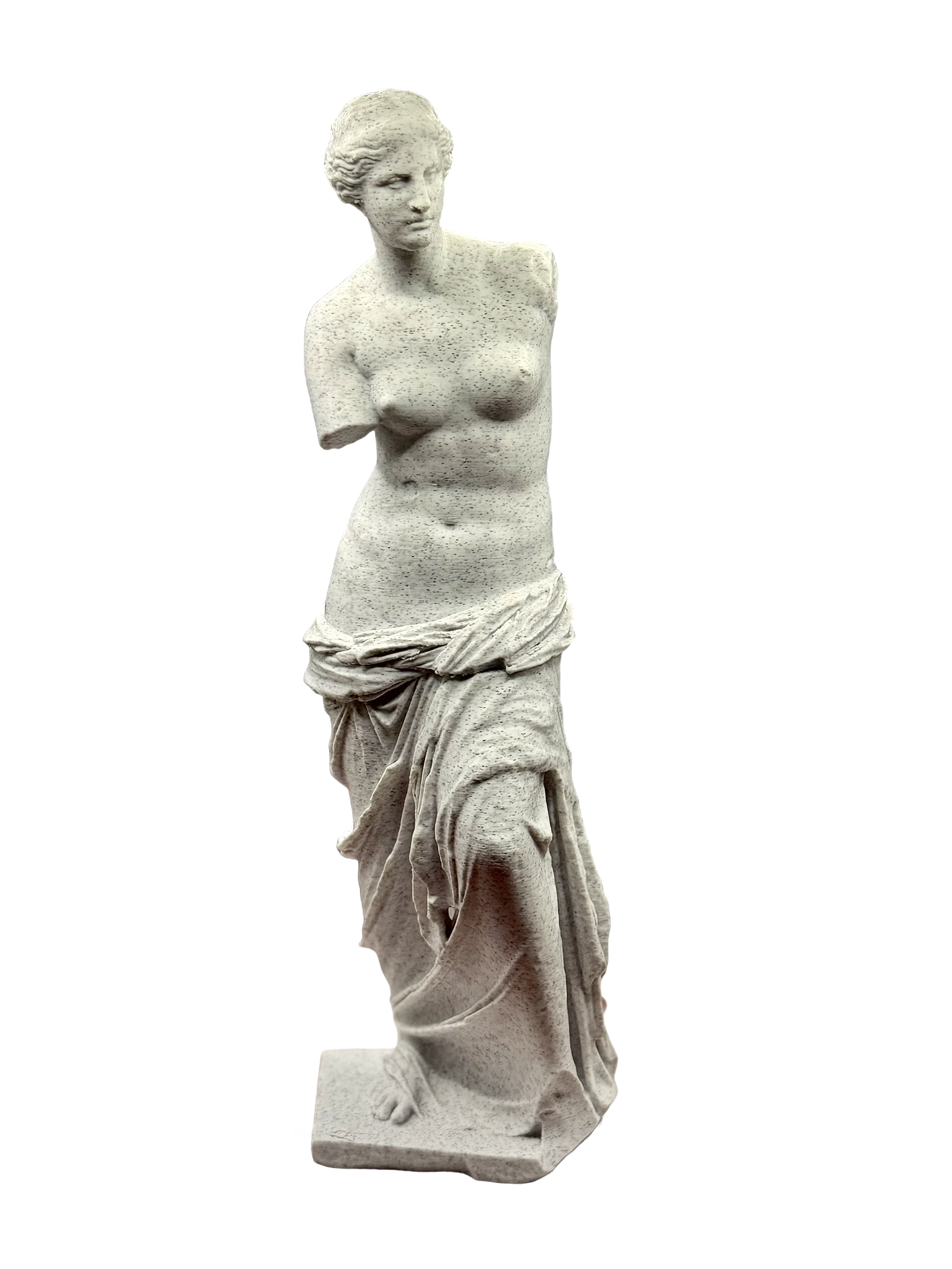 Ancient Greek marble sculpture of a female figure with draped clothing, missing her right arm, standing on a rectangular base.
