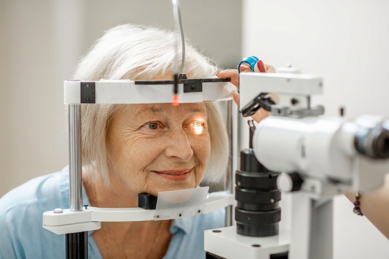An older woman getting her eyes examined with a slit lamp by a retina specialist.