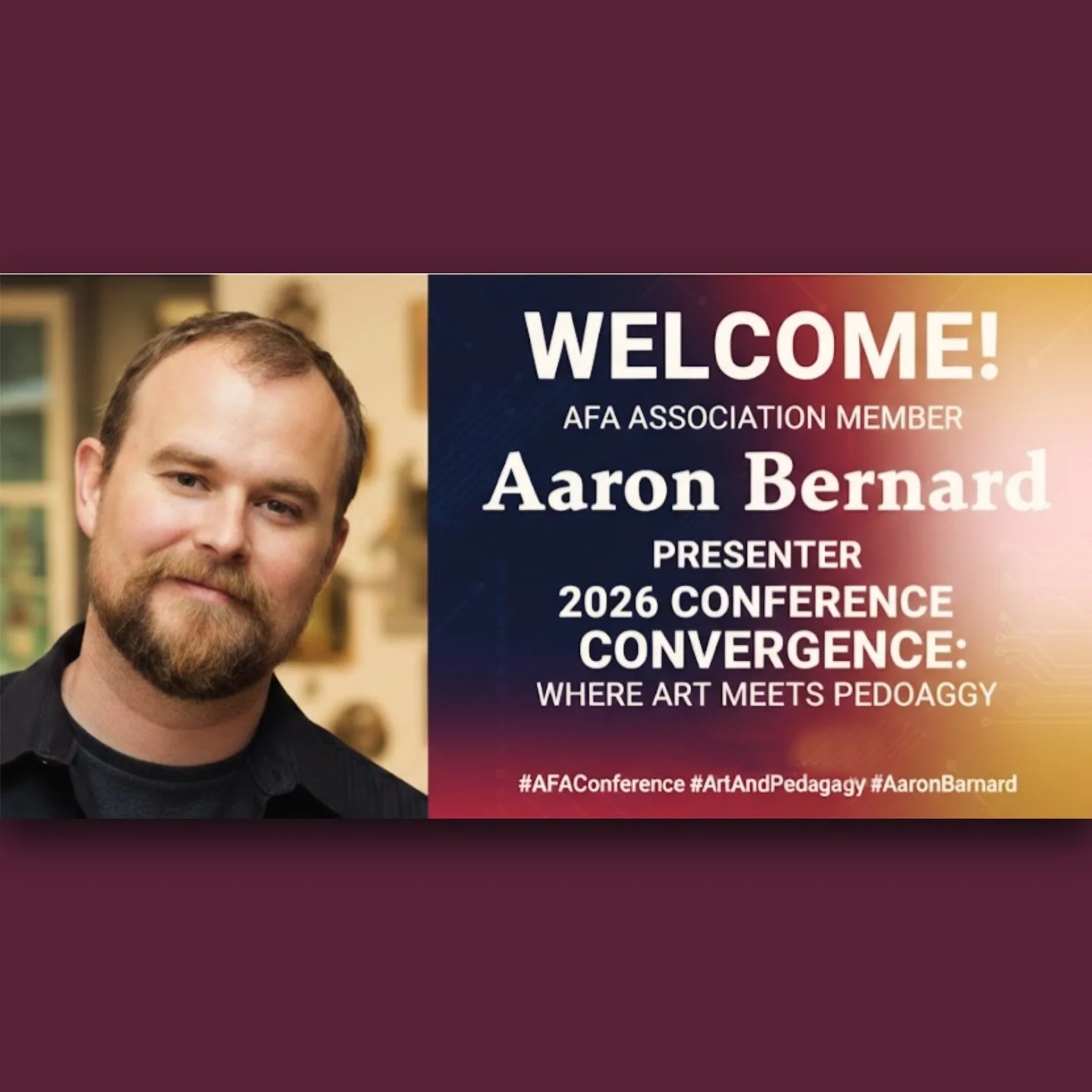 Join us in welcoming AFA Association member Aaron Bernard to the Convergence: Where Art Meets Pedagogy 2026 conference! 

Aaron&rsquo;s fascinating work investigates how authorship and agency are reshaped by algorithms and data-driven systems in cont