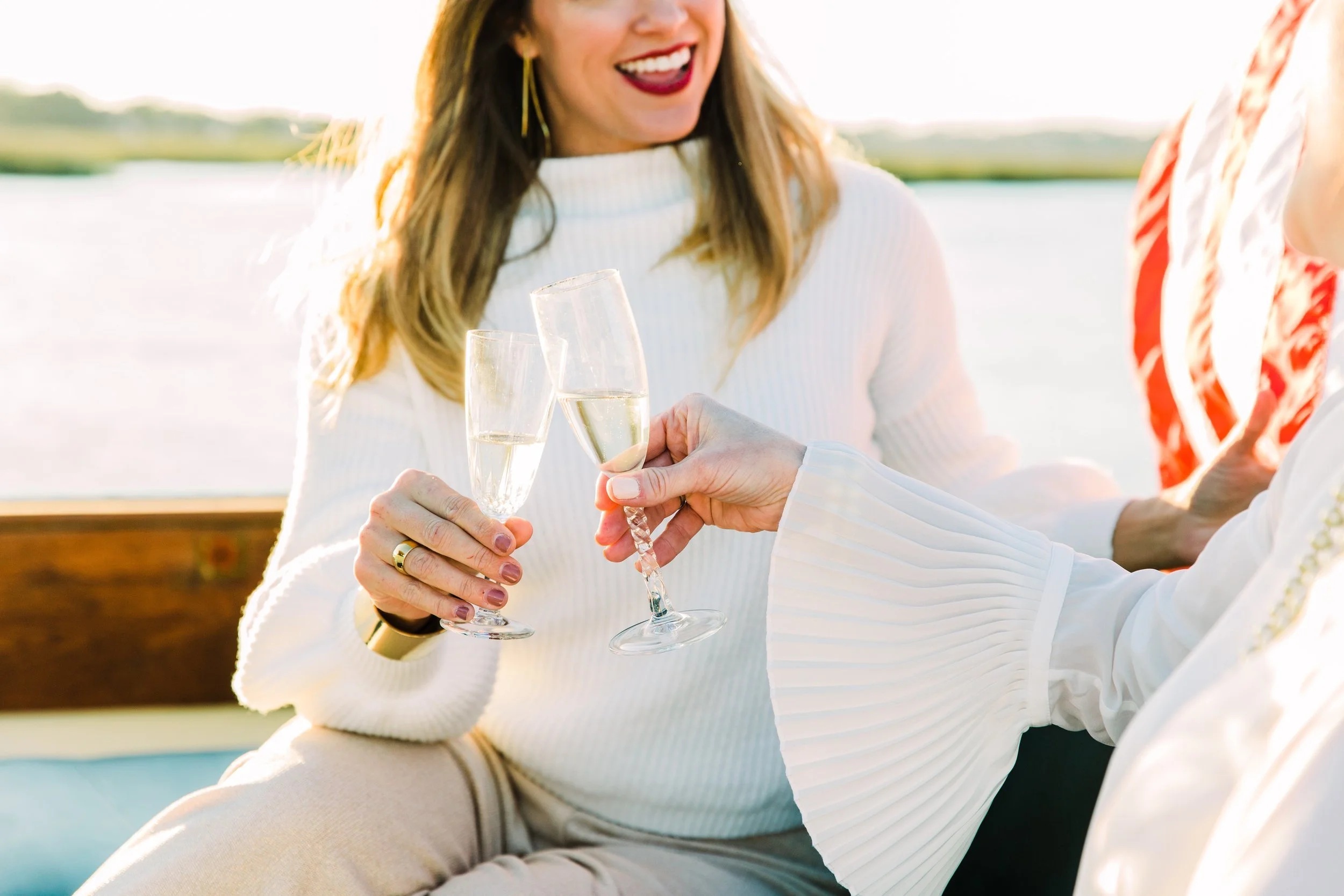 Champagne toast aboard the String of Pearls on a private charter
