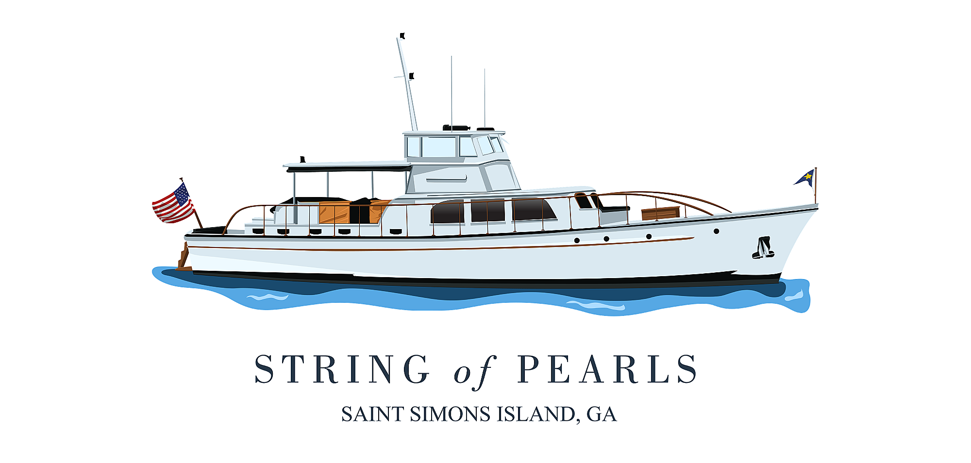 Illustration of the String of Pearls yacht with the String of Pearls, Saint Simons Island, GA logo