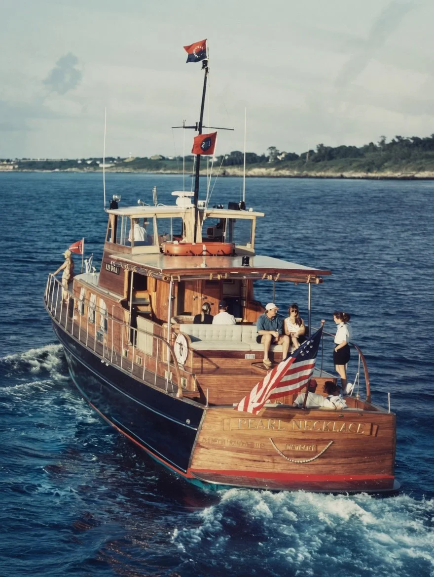 Aerial view of the wooden-hulled String of Pearls cruising on blue water with an American flag at the stern