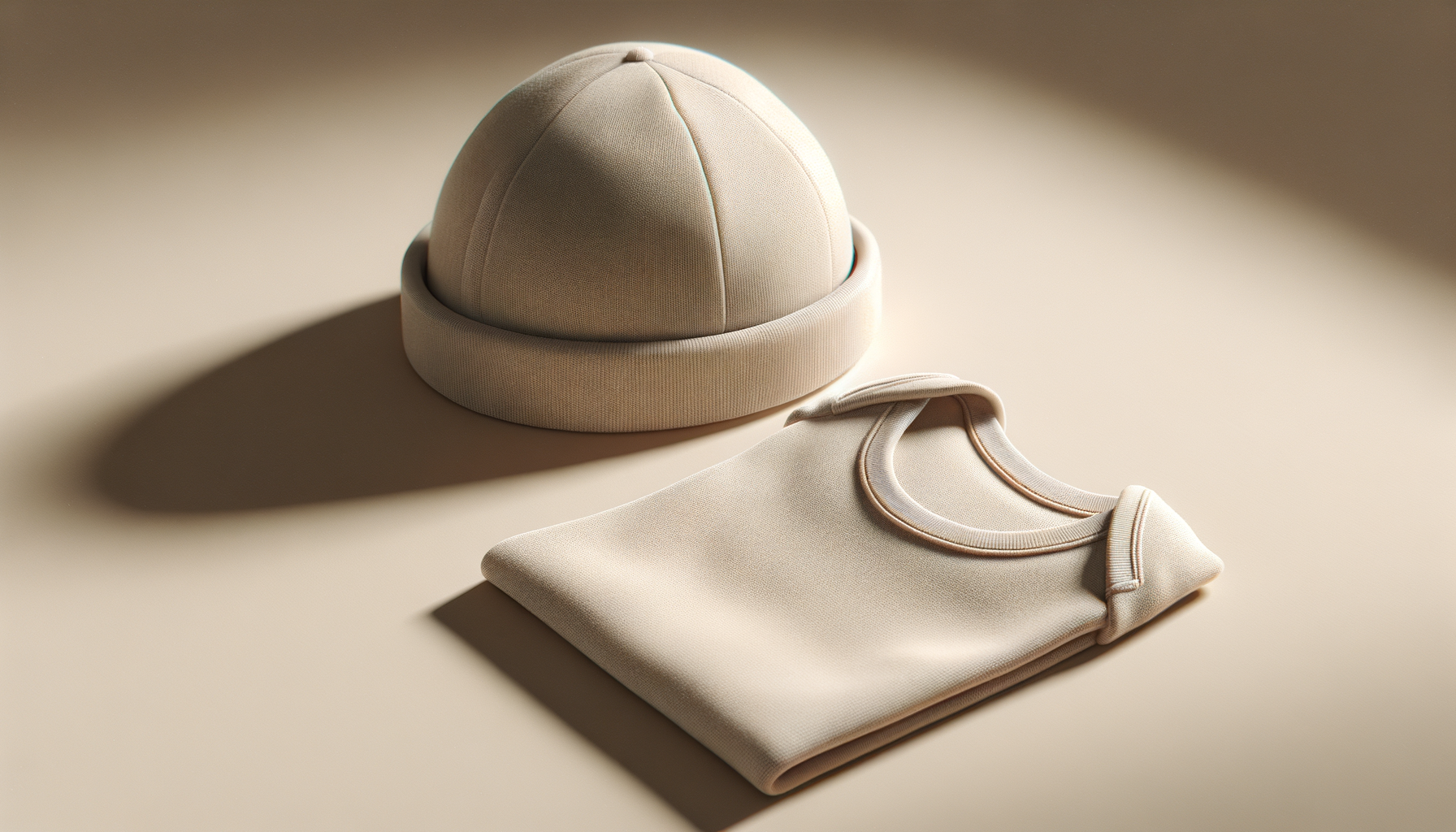 A beige cap and folded beige sweatshirt on a beige surface with soft light creating shadows.