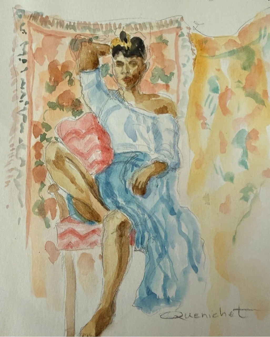 Watercolor painting of a woman with dark hair styled in an updo, wearing a white blouse and blue skirt, sitting on a pink and red patterned chair, with a floral or leafy background.