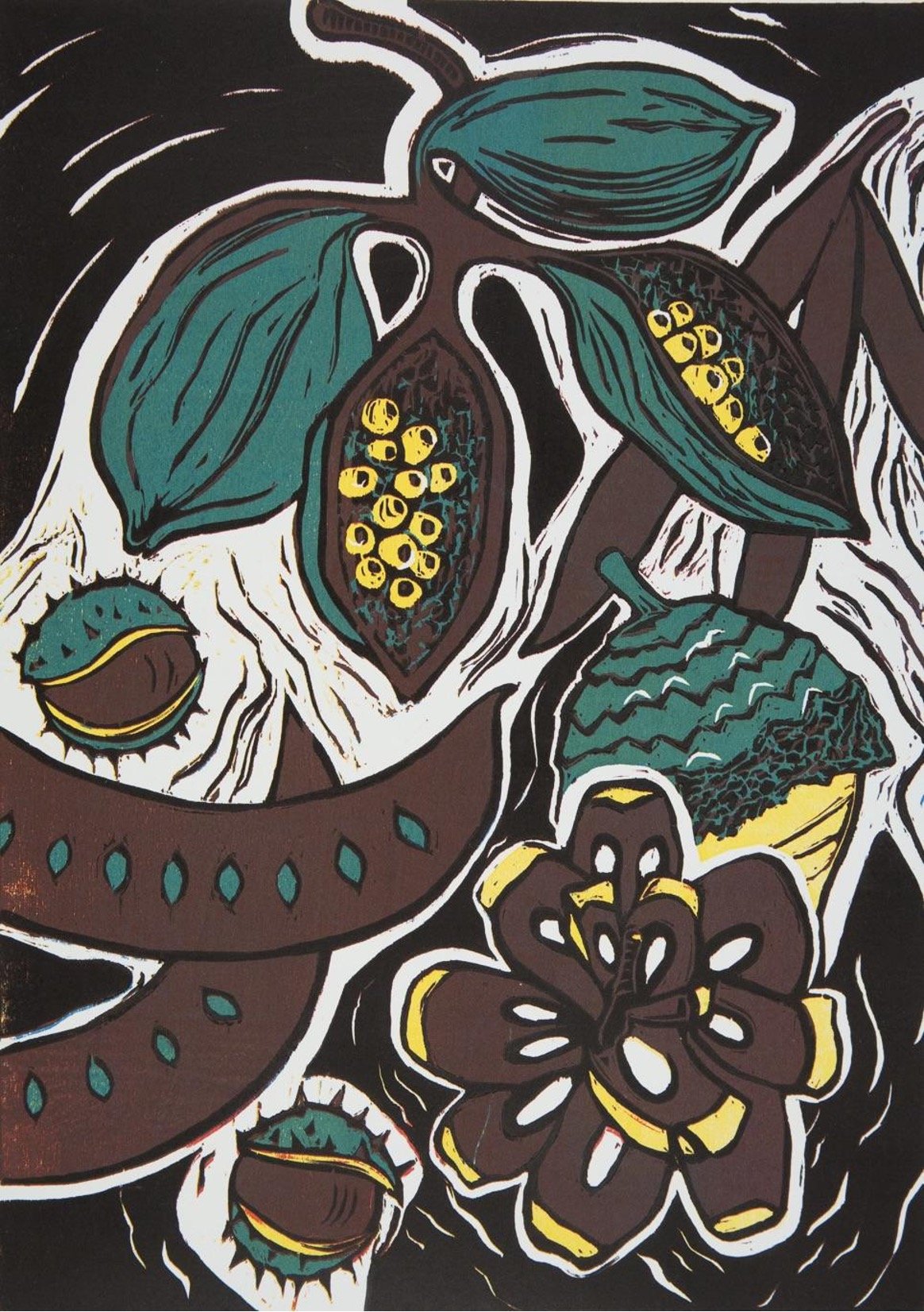 Pod de deux  2016   
Limited edition reduction woodcut 
11 x 16 
Available