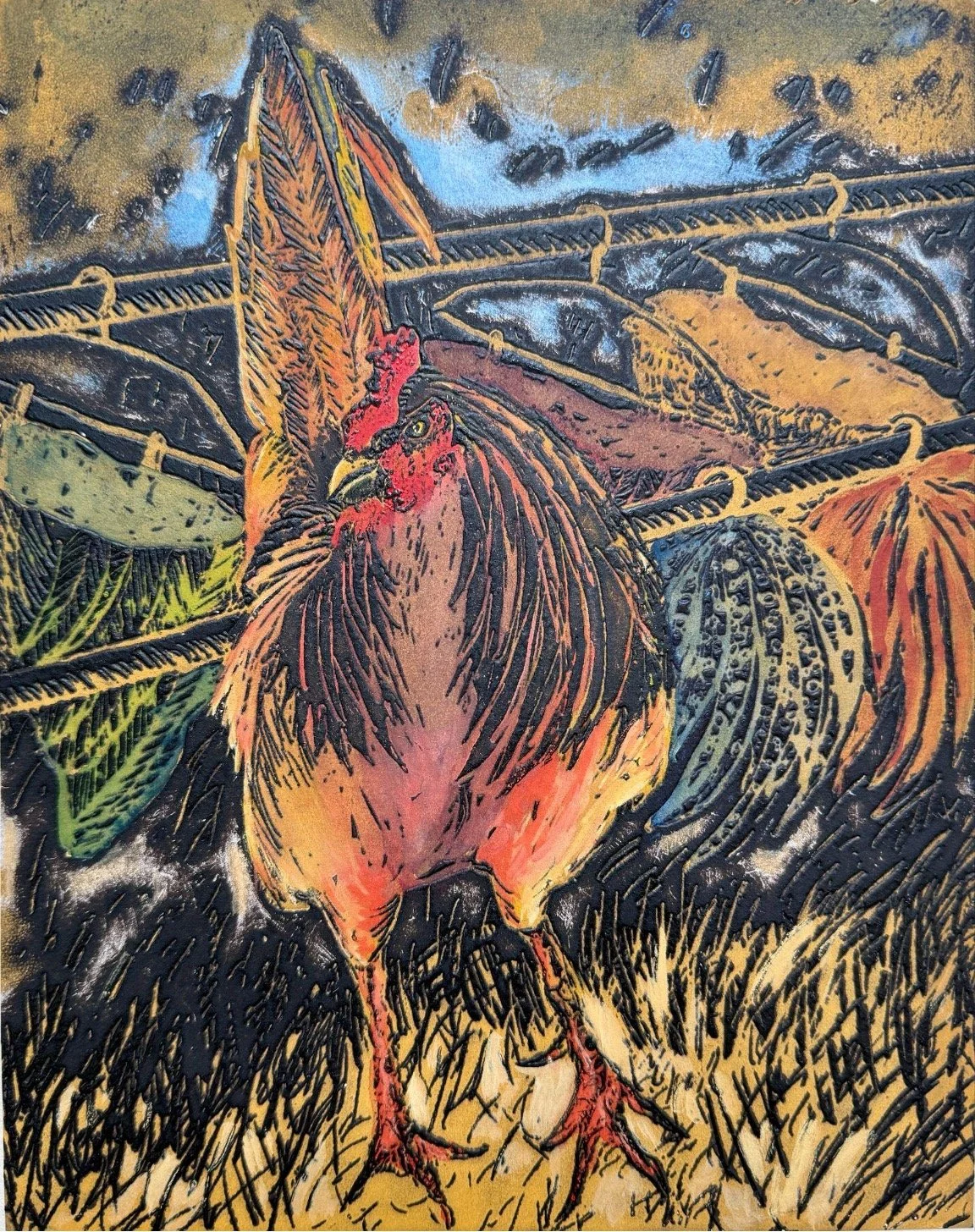 Shopping Rooster 2025 
Solar relief print with watercolor 
8 x 10 
Giclee prints available, limited edition of 10