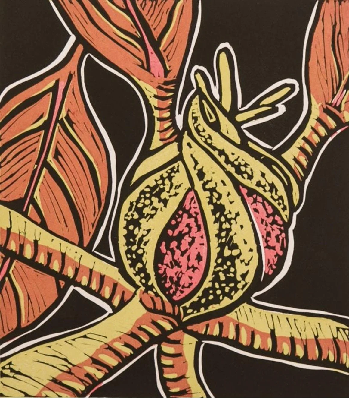Close-up of a colorful, abstract illustration with yellow, orange, and black details on a dark background.