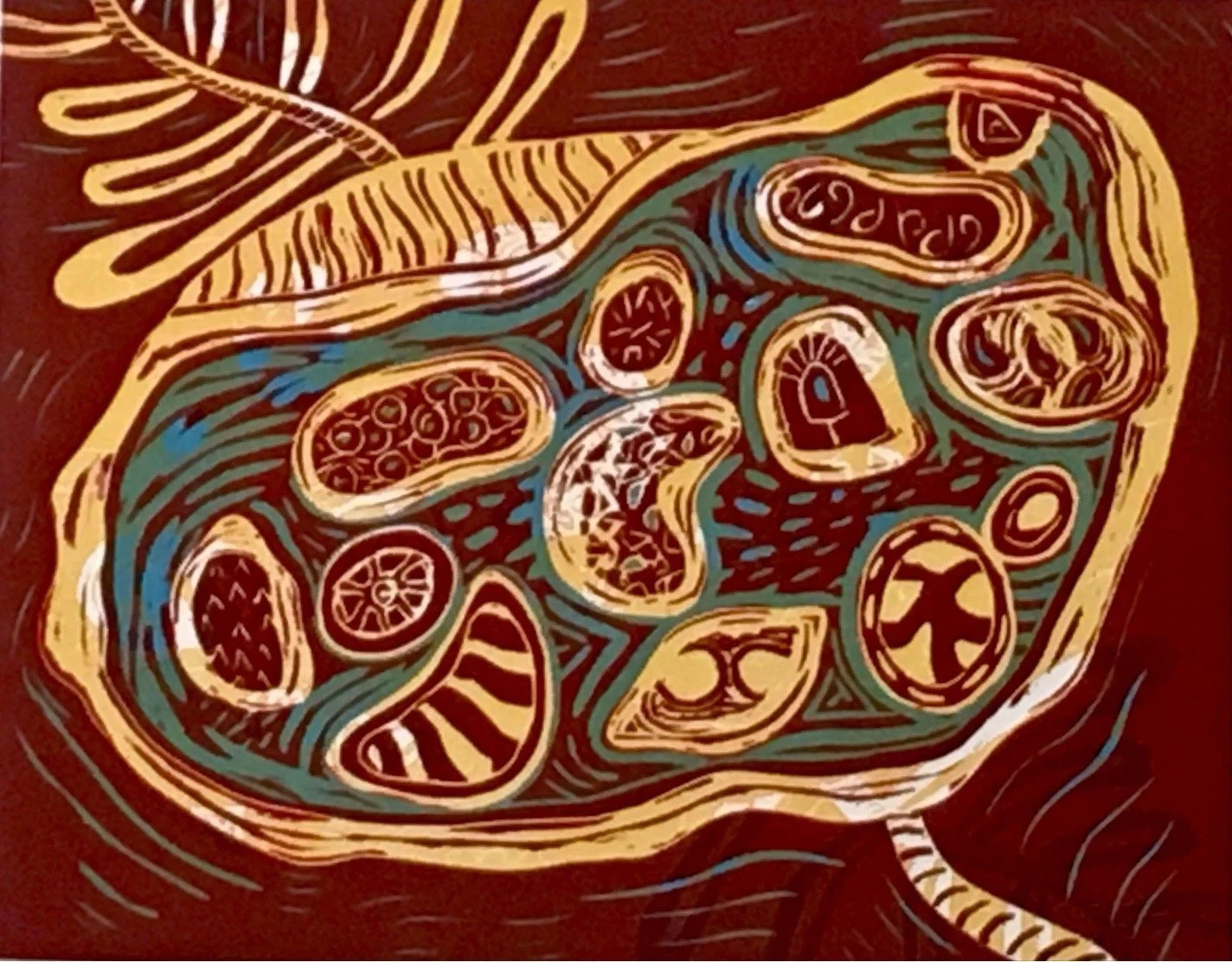Zentangle Pod  2016 
Limited edition reduction linocut 
10 x 8 
Available