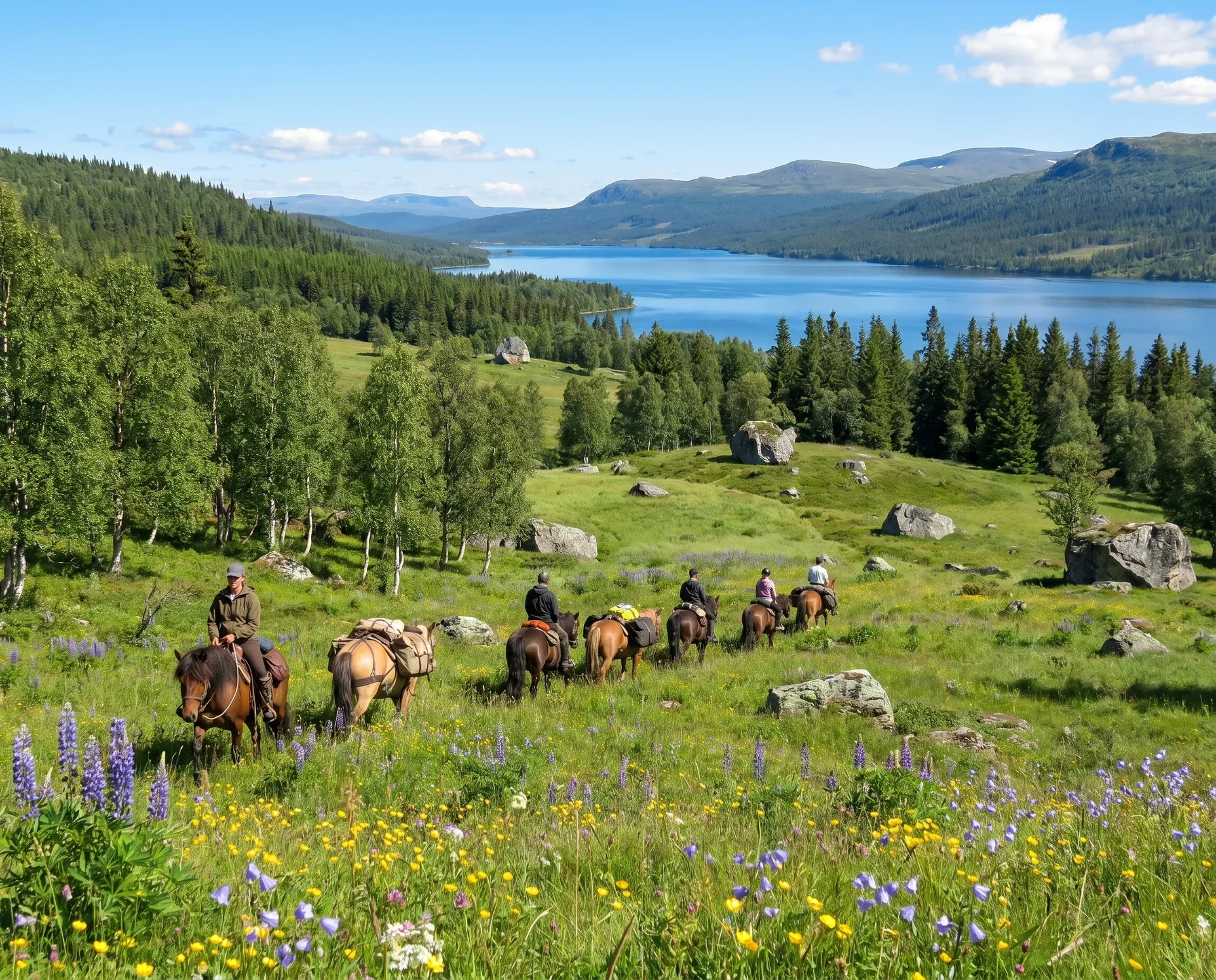Group of people riding horses through a green meadow filled with purple and yellow wildflowers, with a lake, forested hills, and mountains under a blue sky with clouds.