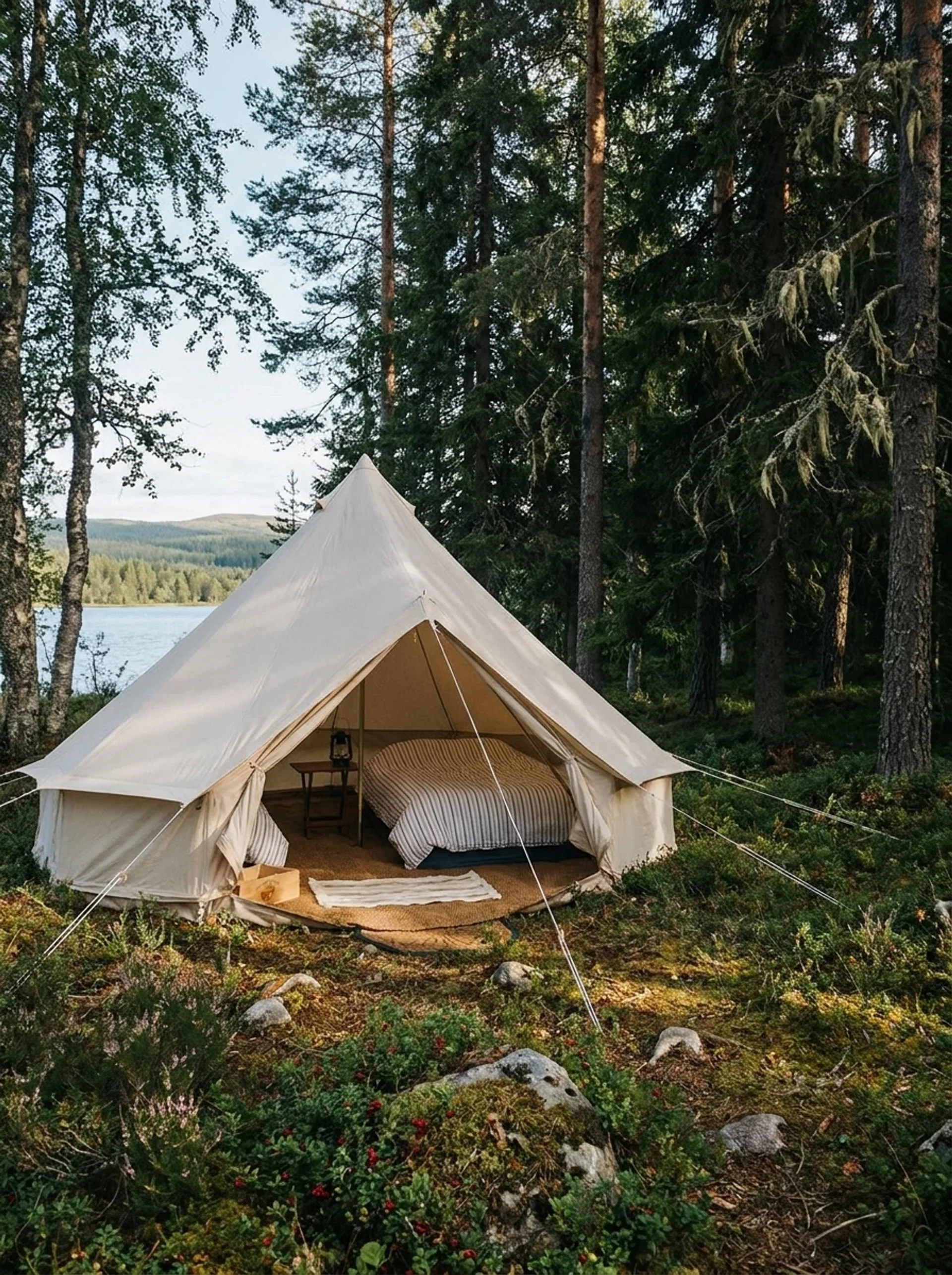 A white canvas bell tent set up in a forest clearing near a body of water with trees, hills, and a partly cloudy sky in the background.