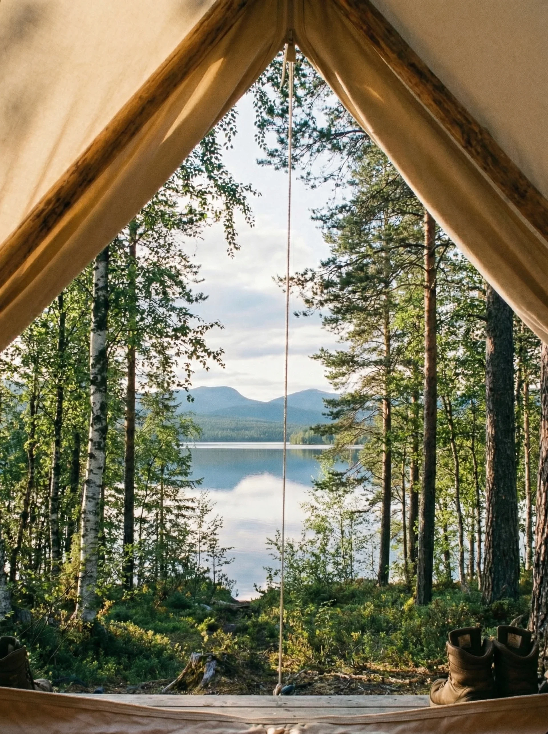 View from inside a tent looking out onto a lakeshore with trees and mountains in the background.