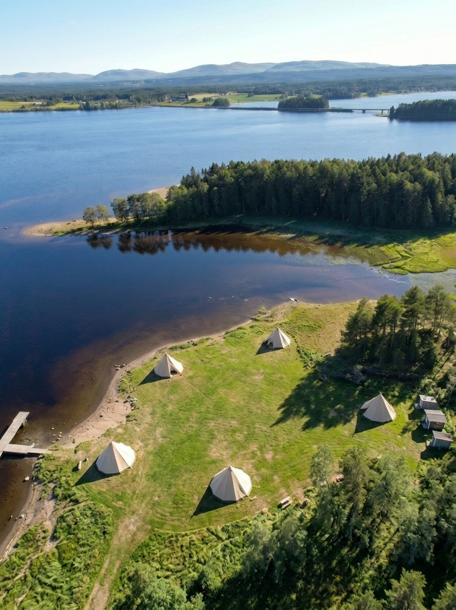 Aerial view of a lakeside campground with five white canvas tents surrounded by green grass, trees, and a body of water, with mountains in the distance.