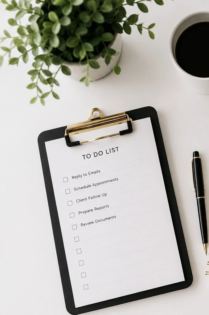 A clipboard with a to-do list, a black pen, a potted plant, and a cup of black coffee on a white surface.