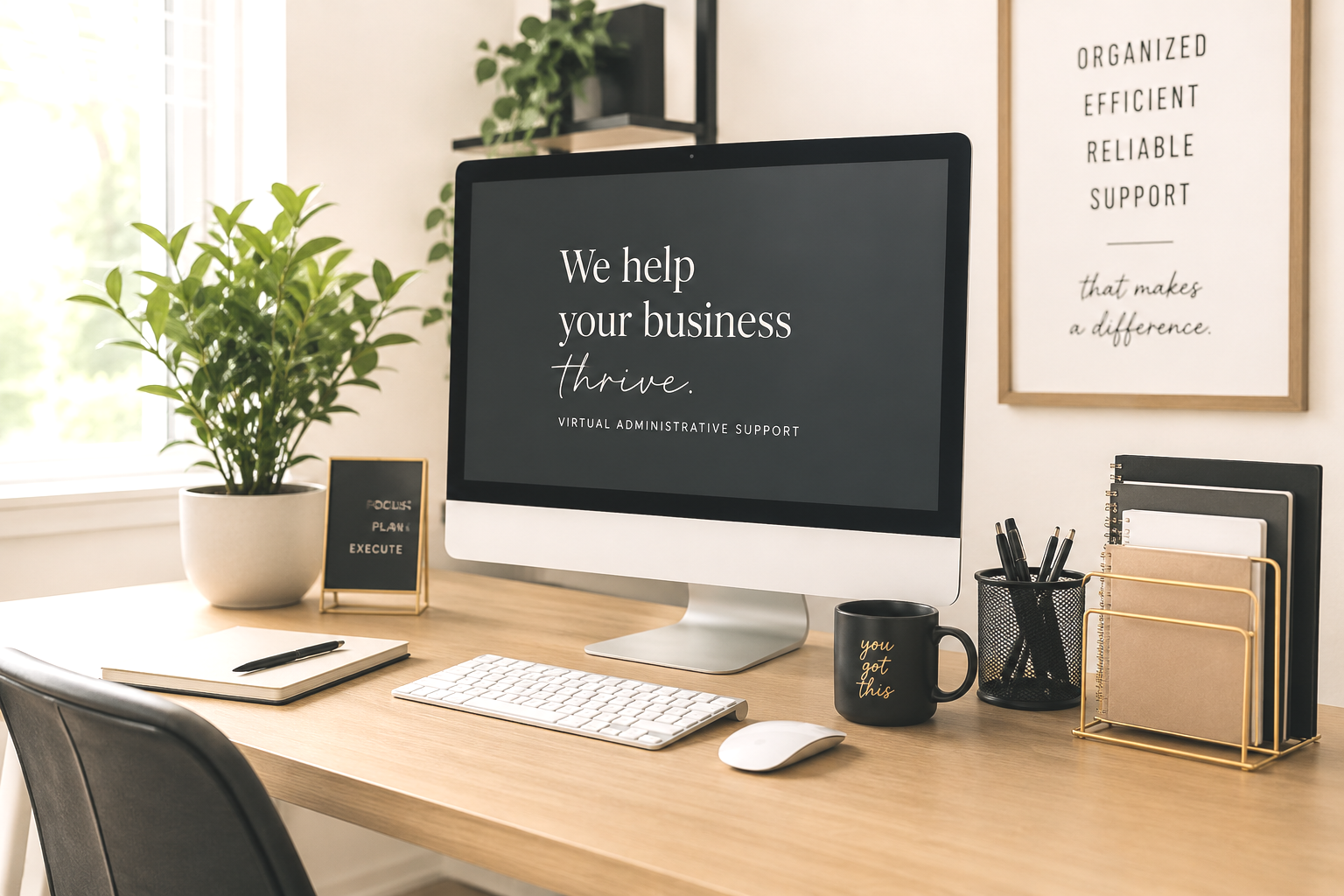 A computer monitor on a wooden desk displaying the message 'We help your business thrive. Virtual Administrative Support.' There is a potted plant, a small framed motivational sign, a keyboard, mouse, black coffee mug, pen holder, and file organizers on the desk, with a window and wall art in the background.