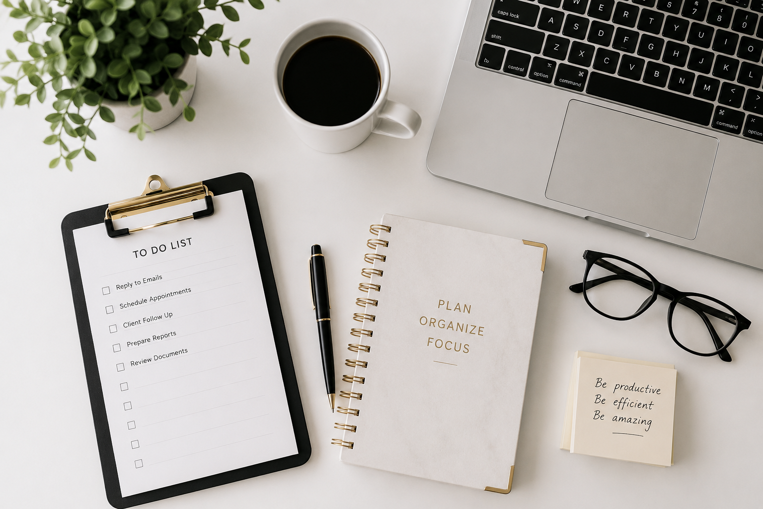 A white desk with a laptop, a pair of glasses, a black pen, a notebook titled 'Plan Organize Focus', a to-do list on a clipboard, a cup of black coffee, a small potted plant, and a stack of sticky notes with motivational quotes.