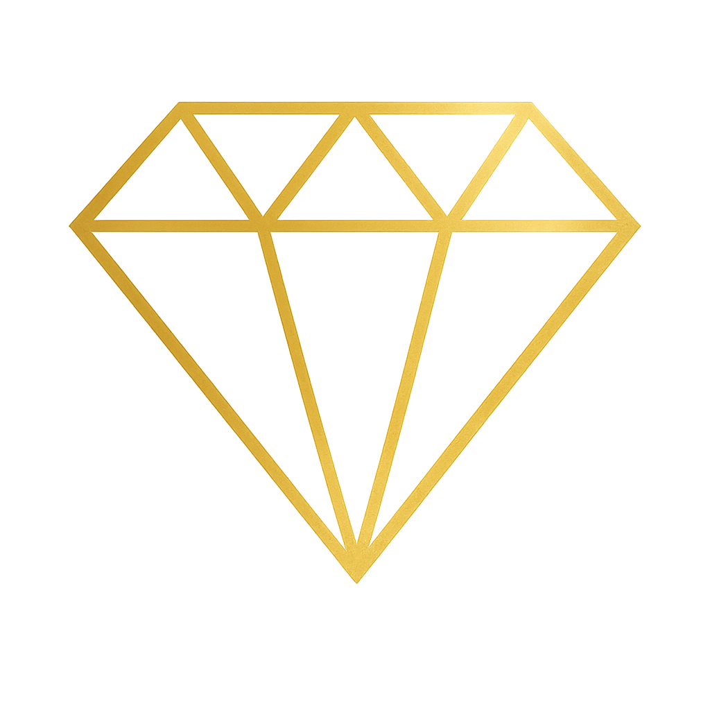 Gold diamond icon with geometric facets on black background.