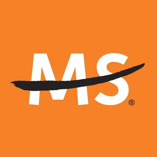 Orange background with white letters 'MS' crossed out by a black brushstroke.