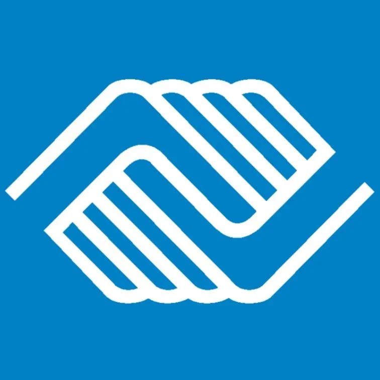Blue background with a white stylized handshake logo.