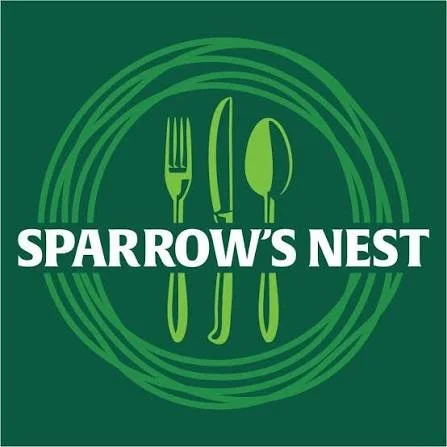 Logo for Sparrow's Nest featuring a fork, knife, and spoon within green circular lines on a dark green background.