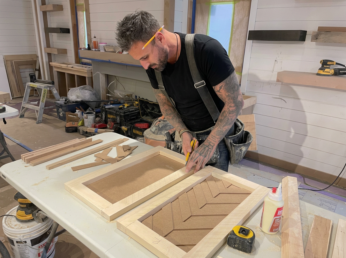 A man with tattoos and a beard working on a woodworking project in a workshop. He is shaping a piece of wood on a table with various woodworking tools and materials around him.