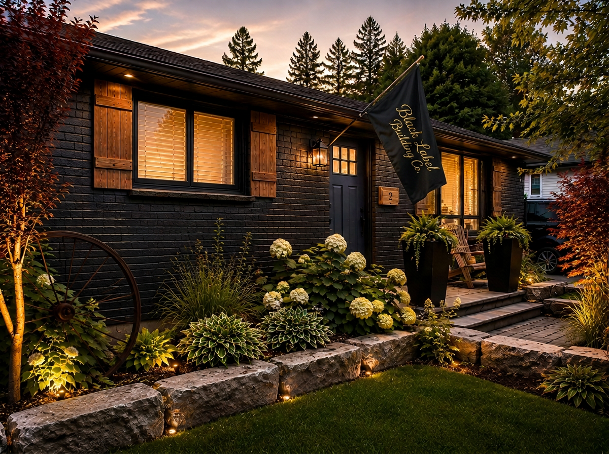 Exterior of a black brick house with wooden shutters by the windows, a front door with a small window, illuminated house number 2, and a black flag near the door. The front yard has lush green plants, white hydrangeas, large planters, and a small stone pathway leading to the steps with outdoor lighting. Tall trees and a sunset sky are visible in the background.
