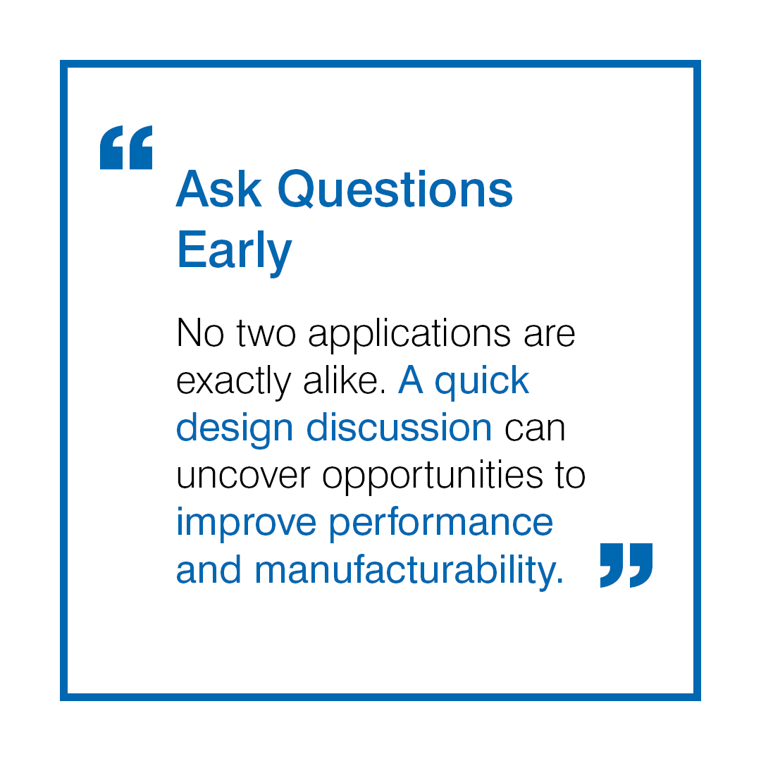 Quote card with blue border containing text about asking questions early in the design process to improve performance and manufacturability.