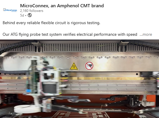 Close-up of an ATG flying probe test system with robotic arms testing electrical circuits on a flexible circuit board.