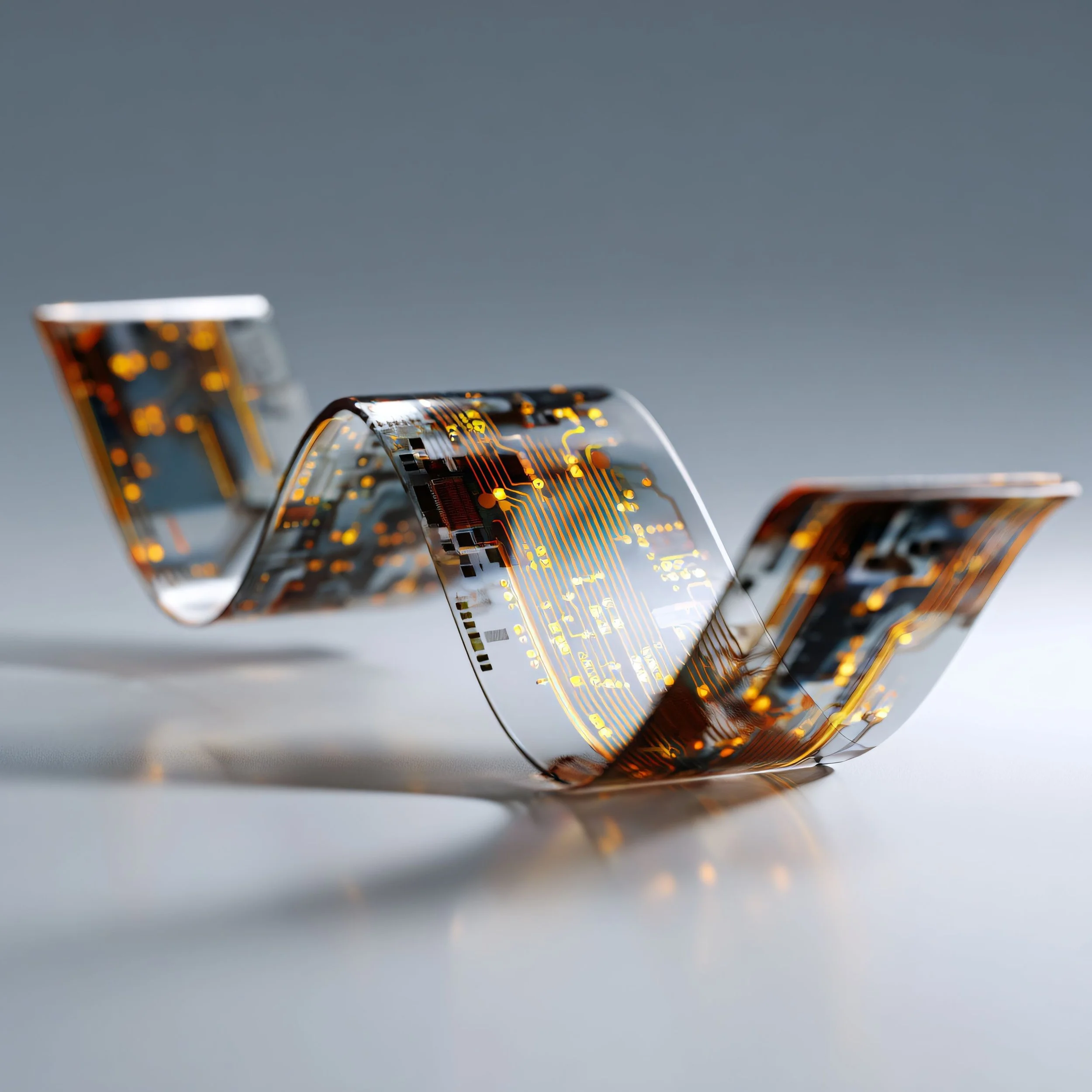 Close-up of a shiny metallic electronic circuit with glowing orange and yellow connections and details against a gray background.