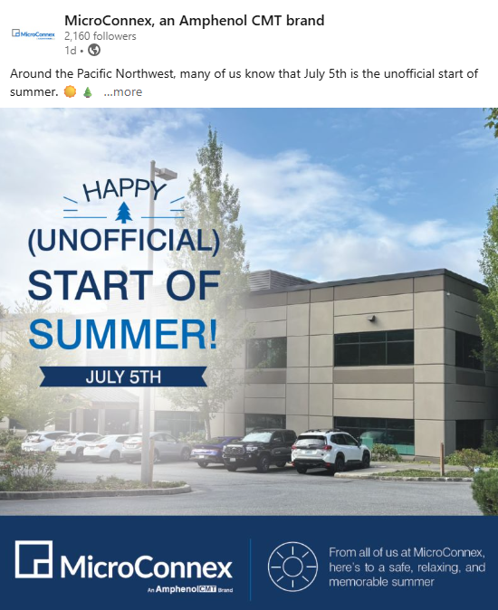 Graphic celebrating the unofficial start of summer on July 5th with a building and parking lot in the background.